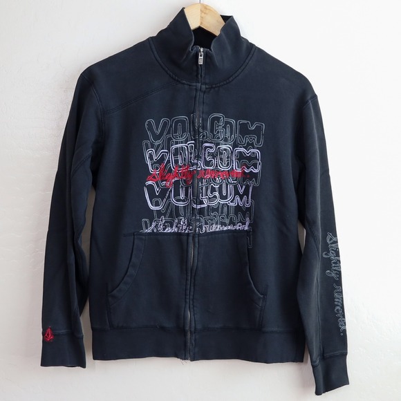 Vintage Volcom Full Zip Jacket "Slightly Removed" Black Graphic Womens S Y2K - Picture 1 of 12